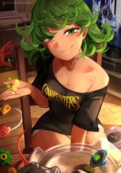  1other absurdres beyblade_(object) black_shirt blush breasts broken cleavage closed_mouth clothes_writing computer computer_mouse curly_hair english_commentary female flipped_hair game_console gamecube green_eyes green_hair hand_up highres indoors khyle. laptop looking_at_viewer medium_breasts medium_hair naughty_face no_bra off-shoulder_shirt off_shoulder one-punch_man open_hand panties panty_peek patreon_username playing_games print_shirt shirt short_hair short_shorts shorts single_bare_shoulder sitting small_breasts smile solo_focus t-shirt table tatsumaki telekinesis television thighs underwear web_address white_shorts 