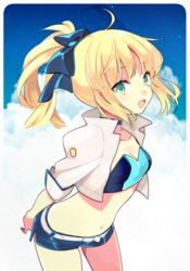  87banana ahoge arms_behind_back artoria_pendragon_(fate) belt blonde_hair blue_choker breasts choker commentary crop_top cropped_jacket fate/stay_night fate_(series) female green_eyes hair_ribbon jacket looking_at_viewer midriff navel open_clothes open_jacket ponytail race_queen ribbon saber_(fate) saber_(type-moon_racing)_(fate) smile solo 