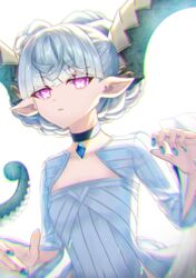  +_+ braid breasts choker crown_braid curled_horns dress fate/grand_order fate/grand_order_arcade fate_(series) female grey_hair horns jewelry larva_tiamat_(fate) larva_tiamat_(first_ascension)_(fate) long_hair long_horns long_sleeves looking_at_viewer nanahi_tsubaki parted_lips pendant pink_eyes pointy_ears ribbed_dress small_breasts solo symbol-shaped_pupils tiamat_(fate) white_dress 