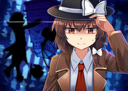  3girls adjusting_clothes adjusting_headwear arm_up arrow_(symbol) black_headwear bow brown_coat brown_eyes brown_hair coat commentary_request e.o. faceless faceless_female fedora hair_between_eyes hat hat_bow kijin_seija long_sleeves looking_at_viewer miracle_mallet multiple_girls necktie needle open_clothes open_coat red_necktie shining_needle_castle shirt short_hair silhouette solo_focus sukuna_shinmyoumaru sweat touhou upper_body usami_renko white_bow white_shirt 