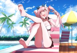  absurdres akitokage bare_shoulders barefoot beach_chair beach_umbrella bikini blush breasts cleavage collarbone day fate/grand_order fate_(series) feet female highres legs long_hair looking_at_viewer medb_(fate) medb_(swimsuit_saber)_(fate) medb_(swimsuit_saber)_(second_ascension)_(fate) medium_breasts open_mouth outdoors palm_tree pink_hair pool sidelocks sitting smile solo swimsuit tiara toes tree twintails umbrella white_bikini yellow_eyes 