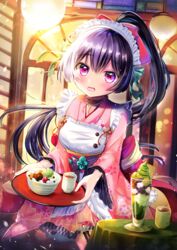  anmitsu_(dessert) aqua_bow bad_id bad_pixiv_id black_hair blush bow bowl cherry choker cowboy_shot cup female floral_print food frilled_choker frills fruit garter_straps hairbow high_ponytail highres holding holding_tray indoors izumi_asayo japanese_clothes kimono light long_hair looking_at_viewer maid maid_headdress matcha_(food) matcha_parfait obi original parfait pink_bow pink_eyes pink_kimono ponytail sash solo standing table tea tray wa_maid wavy_mouth wide_sleeves yunomi 