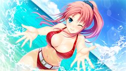  ;) ass_visible_through_thighs belt belt_buckle bikini blue_eyes blue_scrunchie blue_sky blurry blurry_background bouncing_breasts breasts buckle cleavage closed_mouth cloud collarbone day dutch_angle female floating_hair game_cg hair_between_eyes hair_ornament hair_scrunchie highres hoshi_ori_yume_mirai iizuki_tasuku large_breasts long_hair looking_at_viewer navel ocean one_eye_closed outdoors pink_hair ponytail red_bikini scrunchie segawa_natsuki sky smile solo splashing summer swimsuit thigh_gap very_long_hair white_belt 