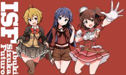  3girls ahoge armpit_cutout armpits beige_cardigan black_neckerchief blazer blue_eyes brown_eyes brown_hair brown_jacket brown_legwear brown_sailor_collar brown_shirt brown_shorts brown_skirt cardigan character_name clothes_lift clothing_cutout commentary_request cosplay dress frilled_dress frilled_skirt frills giuseppe_garibaldi_(kancolle) giuseppe_garibaldi_(kancolle)_(cosplay) gloves hat ibuki_tsubasa idolmaster idolmaster_million_live! jacket kantai_collection kasuga_mirai lifting_own_clothes long_hair long_sleeves looking_at_viewer mini_hat mogami_(kancolle) mogami_(kancolle)_(cosplay) mogami_shizuka multiple_girls name_connection navel neckerchief one_side_up open_mouth pleated_skirt red_background red_dress red_eyes remodel_(kantai_collection) sailor_collar school_uniform serafuku shirt short_hair shorts skirt skirt_lift strawberry_pop_moon_(idolmaster) suzuya_(kancolle) suzuya_(kancolle)_(cosplay) thighhighs tun white_gloves white_headwear 