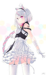  ahoge android animal_ears bandaid bangs barcode_tattoo bell black_hairband bow braid cat_ears dress earrings electric_plug eyebrows_visible_through_hair eyes_visible_through_hair fake_animal_ears female frills from_behind garter_straps gloves grey_eyes hair_ornament hairband heterochromia highres indie_virtual_youtuber jewelry jingle_bell lolo_(vtuber) long_hair looking_at_viewer maid maid_dress mole mole_under_eye multicolored_hair pink_eyes pink_hair signature silver_hair single_braid sleeveless sleeveless_dress smile solo standing streaked_hair tattoo thighhighs two-tone_hair very_long_hair white_background white_legwear x_hair_ornament yasuyuki 