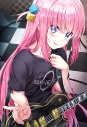  black_shirt blue_eyes blush bocchi_the_rock! checkered_floor cube_hair_ornament electric_guitar female gibson_les_paul gotoh_hitori guitar hair_ornament highres holding holding_instrument instrument long_hair nonoa-cg one_side_up open_mouth pink_hair shirt short_sleeves smile solo speaker standing sweat upper_body v very_long_hair 