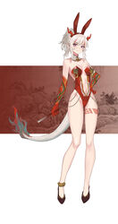  absurdres alternate_costume animal_ears anklet arknights arm_tattoo bare_legs bell braid breasts breasts_apart brown_background brown_footwear center_opening chains chinese_commentary cola-alter collar colored_skin commentary detached_collar dragon_girl dragon_horns dragon_tail fake_animal_ears female flame-tipped_tail full_body groin hand_on_own_hip high_heels highres holding horns jewelry leg_tattoo leotard looking_at_viewer medium_breasts multicolored_hair navel neck_bell nian_(arknights) playboy_bunny pointy_ears ponytail purple_eyes rabbit_ears red_hair red_leotard red_skin simple_background solo streaked_hair tail tattoo two-tone_background white_background white_collar white_hair 