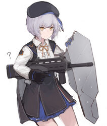  ? beret commentary_request female frilled_shirt frills girls&#039;_frontline grey_hair gun hat highres orange_eyes rampart1028 ribbon shield shield_module shirt short_hair shotgun six12 six12_(girls&#039;_frontline) solo weapon 