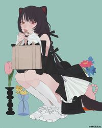  animal_ears bag black_dress black_ribbon braid dog_ears dog_girl dog_tail dress female flower green_background hair_ribbon heterochromia highres holding holding_bag inui_toko long_hair looking_at_viewer nijisanji pink_flower pink_tulip red_eyes ribbon sleeves_past_wrists socks solo squatting tail tami_moon tulip twin_braids vase virtual_youtuber white_footwear white_socks yellow_eyes yellow_flower 