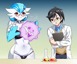  big_breasts breasts clothing dr._voir duo evolutionary_stone eyewear female gardevoir generation_3_pokemon glasses human jewelry male mammal mega_stone nano_(nanosheep) necklace nintendo not_furry pokemon pokemon_(species) ruri_tsubame shiny_pokemon 