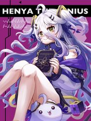  ahoge arm_belt belt binary black_belt book bookmark character_name cube dress female gradient_hair grey_hair hair_between_eyes hair_ornament hair_ribbon hairpin henya_the_genius henya_the_genius_(1st_costume) highres holding holding_book jacket long_bangs long_hair looking_at_viewer multicolored_hair purple_dress purple_hair purple_jacket purple_ribbon ribbon rubik&#039;s_cube sidelocks sleeveless sleeveless_dress smile solo tolo_mag two_side_up virtual_youtuber vshojo yellow_eyes zipper zipper_pull_tab 