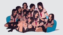  6+girls :&gt; :d :x ;&gt; ;) ^_^ arm_support awakumo bandaid bandaid_on_knee bandaid_on_leg black_eyes black_hair black_legwear black_sailor_collar black_skirt blunt_bangs blush bob_cut chromatic_aberration closed_eyes closed_mouth collarbone commentary_request couch drooling facing_viewer feet_up feline flower glasses hair_ornament hairclip hand_on_another&#039;s_head highres hime_cut holding_another&#039;s_hair hug indian_style kneehighs kneeling legs_up long_hair looking_at_another looking_at_viewer medium_hair mouth_drool multiple_girls neckerchief no_shoes nose_blush on_couch one_eye_closed open_mouth original parted_bangs parted_lips pink_bandaid pink_flower pleated_skirt ponytail reaching reclining red_neckerchief romaji_text sailor_collar school_uniform serafuku short_hair short_sleeves sideways_glance simple_background sitting skirt sleeping smile socks split_mouth swept_bangs tied_hair translation_request v_arms wavy_mouth white_background white_cat wristband x_hair_ornament 