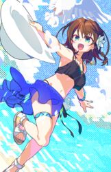  bare_shoulders beach bikini bird black_bikini blue_bikini braid breasts brown_hair charlotte_corday_(fate) charlotte_corday_(swimsuit_caster)_(fate) charlotte_corday_(swimsuit_caster)_(first_ascension)_(fate) cleavage collarbone dove fate/grand_order fate_(series) female flower green_eyes hat highres jewelry large_breasts looking_at_viewer mismatched_bikini navel necklace negi_(ulog&#039;be) pendant sandals sarong short_hair side_braid smile solo sun_hat swimsuit white_hat 