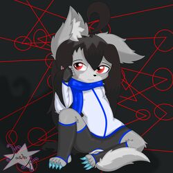  1:1 2019 4_toes absurd_res ahoge anthro big_claws biped black_hair blue_scarf canid canine canis claws clothed clothing digital_media_(artwork) feet fenrir_(yashak) fingerless_gloves fluffy fluffy_tail freckles fur gloves grey_body grey_fur hair handwear happy hi_res inner_ear_fluff long_hair male mammal multicolored_body multicolored_fur pawpads red_eyes scarf sitting small_claws smile solo spread_legs spreading tail teal_claws toes tuft two_tone_body two_tone_fur watermark wolf yashak_(artist) young young_anthro 