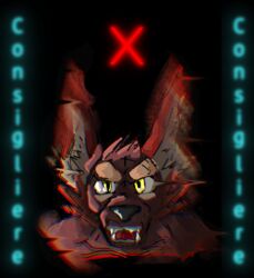  abstract_art anthro big_ears briznaburr cheek_spikes dacred_excalgier eyebrows facial_spikes fangs glitch hi_res hybrid male maroon_fur neon neon_lights poster solo spikes spikes_(anatomy) tall_ears teeth thick_eyebrows yellow_eyes 