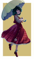  ascot backlighting bad_id bad_pixiv_id blush bobby_socks commentary_request female flower_button frilled_skirt frills full_body green_hair highres holding holding_umbrella kazami_yuuka long_skirt long_sleeves looking_at_viewer open_clothes open_mouth open_vest plaid plaid_skirt plaid_vest red_eyes red_footwear red_skirt red_vest shirt short_hair skirt skirt_set smile socks solo street_dog tan_background touhou two-tone_background umbrella vest wavy_hair white_background white_shirt white_socks yellow_ascot zun_(style) 