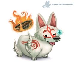  amaterasu_(okami) ambiguous_gender beady_eyes black_eyes bowl breath canid canine canis capcom clover_studio container deity digital_media_(artwork) digital_painting_(artwork) dog_food domestic_dog duo feral fire fur herding_dog issun_(okami) mammal okami_(capcom) panting pastoral_dog pet_food piper_thibodeau red_body red_fur simple_background tongue tongue_out welsh_corgi white_background white_body white_fur 