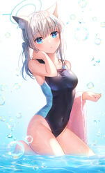  absurdres animal_ear_fluff animal_ears bare_arms blue_archive blue_eyes blush bubble competition_swimsuit cross_hair_ornament extra_ears female grey_hair groin hair_ornament halo hand_in_own_hair highleg highleg_swimsuit highres kneeling looking_at_viewer medium_hair mismatched_pupils official_alternate_costume one-piece_swimsuit parted_lips ponytail shiroko_(blue_archive) shiroko_(swimsuit)_(blue_archive) solo swimsuit thighs towel towel_on_arm two-tone_swimsuit umishima_rinta water wet wolf_ears 