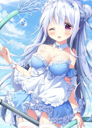  alternate_costume apron azur_lane bare_shoulders between_legs blue_dress blue_sky braid breasts cleavage cloud cloudy_sky commentary_request cygnet_(an_offer_to_be_maid)_(azur_lane) cygnet_(azur_lane) d; day double_bun dress enmaided female frilled_apron frilled_dress frills garter_straps grey_hair hair_between_eyes hair_bun highres hose long_hair looking_at_viewer maid maid_apron maid_headdress medium_breasts official_alternate_costume one_eye_closed open_mouth outdoors panties red_eyes satsuki_yukimi sky solo strapless strapless_dress striped_clothes striped_panties thighhighs underwear very_long_hair wet white_apron white_hair white_thighhighs wrist_cuffs 