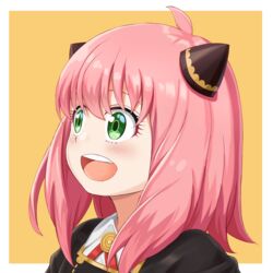  :d ahoge anya_(spy_x_family) blush close-up eden_academy_school_uniform female framed green_eyes hair_ornament hairpods highres lolicon medium_hair nonoa-cg open_mouth orange_background pink_hair portrait school_uniform smile solo spy_x_family 