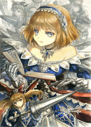  4girls alice_margatroid alternate_costume bad_id bad_pixiv_id bare_shoulders black_choker blonde_hair blue_dress blue_eyes blue_hairband book bow choker commentary_request dress gauntlets hair_ornament hairband hairbow holding holding_book holding_polearm holding_weapon keiko_(mitakarawa) lance lolita_hairband long_hair long_sleeves looking_at_viewer multiple_girls off-shoulder_dress off_shoulder polearm red_bow shanghai_doll short_hair smile touhou traditional_media upper_body weapon 