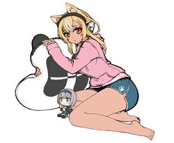  alternate_costume animal_ears barefoot blonde_hair blue_shorts blush breasts brown_eyes cat_ears dark-skinned_female dark_skin dolphin_shorts female headphones hololive hood hoodie hugging_object jewelry kemonomimi_mode kintsuba_(shiranui_flare) long_hair looking_at_viewer medium_breasts multicolored_hair official_alternate_hairstyle pillow pillow_hug pink_hoodie ring sazare_(sazare_az) shiranui_flare shirogane_noel short_shorts shorts sidelocks soles solo streaked_hair stuffed_toy virtual_youtuber wedding_ring white_background 