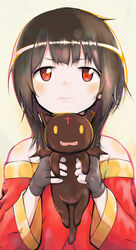  amasuzume black_hair blush button_eyes buttons chomusuke commentary_request feline female fingerless_gloves gloves highres kono_subarashii_sekai_ni_shukufuku_wo! looking_at_viewer megumin red_eyes short_hair short_hair_with_long_locks solo 