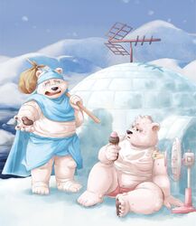  2019 anthro aotoaka bear belly bodily_fluids bottomwear closed_eyes clothing crying dessert duo food fur humanoid_hands ice_cream male mammal outside overweight overweight_male polar_bear shirt shorts sitting snow tears topwear ursine white_body white_fur 