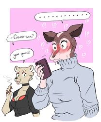  2021 5:6 ?! anthro beastars blush bodily_fluids cellphone clothing cosmo_(beastars) dialogue duo electronics english_text felid female giraffid green_eyes hi_res holding_object holding_phone lion mammal mature_female mutedlavender okapi pantherine phone sweat sweater text topwear turtleneck 