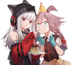  2girls am1m animal_ears arknights bare_shoulders black_headwear black_vest blue_gloves cake commentary feeding food fox_ears frostleaf_(arknights) glasses gloves grey_shirt hat highres holding holding_plate jacket long_hair long_sleeves looking_at_viewer may_(arknights) multiple_girls off-shoulder_shirt off_shoulder party_hat plate red_eyes red_jacket shirt simple_background smile sweater_vest upper_body vest white_background white_hair 