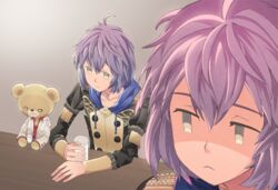  baka_mitai_(meme) bernadetta_von_varley closed_mouth commentary cosplay english_commentary female fire_emblem fire_emblem:_three_houses garreg_mach_monastery_uniform glass grey_eyes hood hood_down kiryu_kazuma kiryu_kazuma_(cosplay) long_sleeves meme purple_hair ryuu_ga_gotoku_(series) short_hair simple_background solo stuffed_animal stuffed_toy teddy_bear uniform wasabiyam 