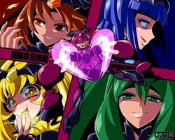  5girls :d anime_coloring bad_end_beauty bad_end_happy bad_end_march bad_end_peace bad_end_precure bad_end_sunny black_bodysuit black_gloves blonde_hair blue_eyes blue_eyeshadow blue_hair bodysuit colored_tongue earrings evil_smile eyeshadow fingerless_gloves gloves green_eyes green_eyeshadow green_hair grin hair_ornament heart highres jewelry legs_apart lightning long_hair looking_at_viewer looking_to_the_side makeup multiple_girls orange_eyes orange_eyeshadow orange_hair outstretched_arms pink_eyes pink_eyeshadow pink_hair pink_skirt precure profile skirt smile smile_precure soboro_(jitome_dan) tongue tongue_out v yellow_eyes yellow_eyeshadow yellow_tongue 