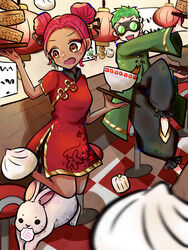  1boy alternate_costume apex_legends bad_id bad_pixiv_id baozi black_pants bowl breasts china_dress chinese_clothes double_bun dress earrings eyeliner female food green_jacket hair_bun highres holding holding_tray jacket jewelry lantern lifeline_(apex_legends) looking_at_viewer looking_down makeup medium_breasts nepitasu octane_(apex_legends) open_mouth pants rabbit red_dress red_eyeliner red_hair sharp_teeth smile teeth tray 