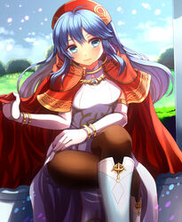  alternate_costume black_pantyhose blue_eyes blue_hair blush breasts cape crossed_legs dress elbow_gloves female fire_emblem fire_emblem:_the_binding_blade fire_emblem_heroes garden gloves gold gold_bracelet gold_necklace gold_trim headband highres jewelry legs lilina_(fire_emblem) lilina_(firelight_leader)_(fire_emblem) long_hair long_legs necklace official_alternate_costume pantyhose red_cape red_headband sitting small_breasts smile solo thighs white_dress white_footwear white_gloves yozu_(yozu0420) 