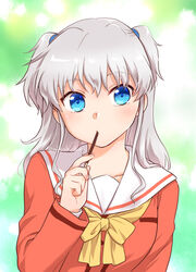  blue_eyes blush bow charlotte_(anime) commentary_request female food grey_hair highres hoshinoumi_academy_school_uniform long_hair looking_at_viewer misaki_juri pocky red_shirt sailor_collar school_uniform serafuku shirt sideways_glance solo tomori_nao twitter_username two_side_up upper_body white_sailor_collar yellow_bow 