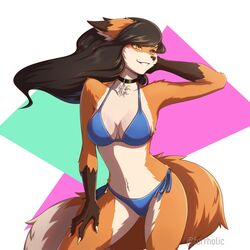  1:1 anthro bikini breasts brown_hair canid canine clothing collar cynthia_saito digital_drawing_(artwork) digital_media_(artwork) female fox fur furrholic hair mammal medium_breasts orange_body orange_fur smile solo swimwear white_body white_fur yellow_eyes 