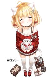  ^_^ absurdres ahoge animal_ear_fluff animal_ears blonde_hair blush bow box braid brown_bow brown_skirt cat_ears cat_girl cat_tail christmas closed_eyes closed_mouth commentary_request copyright_request english_text facing_viewer female frilled_sleeves frilled_sweater frills full_body fur-trimmed_headwear fur_trim gift gift_box hair_between_eyes hat highres loading_(verjuice) long_sleeves off-shoulder_sweater off_shoulder pleated_skirt red_hat red_sweater santa_hat simple_background skirt sleeves_past_wrists snowman solo standing sweater tail tail_bow tail_ornament transparent_background twin_braids watermark web_address 