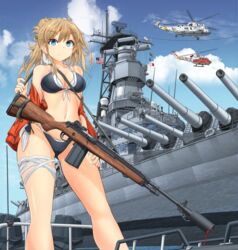  absurdres aircraft american_flag battle_rifle battleship bikini black_bikini blonde_hair blue_eyes blue_sky breasts carrying closed_mouth cloud cloudy_sky day female folded_ponytail front-tie_bikini_top front-tie_top gun gun_sling hand_on_own_thigh helicopter highres jacket light_frown m14 medium_breasts medium_hair mikeran_(mikelan) military military_vehicle motion_blur multi-strapped_bikini navel ocean off_shoulder open_clothes open_jacket original outdoors phalanx_ciws red_jacket rifle ship side-tie_bikini_bottom signal_flag sikorsky_sh-3_sea_king sky smoke solo swimsuit thigh_strap uh-1_iroquois united_states_navy uss_iowa_(bb-61) warship watercraft weapon 