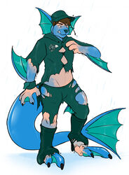  binturongboss black_nose blue_body blue_skin blue_tail bottomwear clothing coat fish galoshes green_clothing green_hat green_headwear growth hat headgear headwear hi_res human_to_anthro looking_at_hand luminari male marine membrane_(anatomy) mid_transformation nfl pants pheagle philadelphia_eagles raincoat raining species_transformation tail tail_growth tail_growth_in_pants topwear torn_clothing transformation unimpressed 