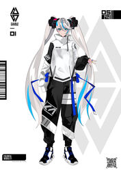  absurdres bad_id bad_pixiv_id black_footwear black_pants blue_hair closed_mouth commentary cube_hair_ornament english_commentary eyebrows_hidden_by_hair eyeshadow female full_body green_eyes hair_between_eyes hair_ornament hand_up highres jewelry long_hair long_sleeves makeup multicolored_hair pants puffy_long_sleeves puffy_sleeves reirei_studio ring shirt shoes sleeves_past_fingers sleeves_past_wrists smile solo standing streaked_hair suzuhana_yuuka twintails very_long_hair virtual_youtuber white_background white_hair white_shirt yuuta_(yuuta0312) 