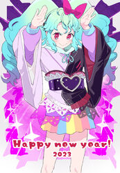  &gt;:) 2023 :&gt; arms_up asymmetrical_clothes bare_legs belt blue_hair chinese_zodiac closed_mouth female hair_ribbon hands_up happy_new_year highres idol_land_pripara japanese_clothes katasumi_amari kimono light_blue_hair long_sleeves moudoku_(decopon3rd) pink_eyes pretty_series pripara rabbit_pose rainbow_skirt ribbon sidelocks skirt smile star_(symbol) twintails v-shaped_eyebrows wavy_hair year_of_the_rabbit 