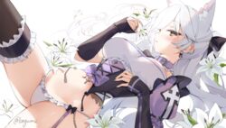  animal_ear_fluff animal_ears beyumi black_nails black_ribbon blush bow bow_panties breasts closed_mouth crop_top detached_sleeves ear_piercing extra_ears female flower frilled_panties frills grey_hair hair_ribbon hair_spread_out holding holding_flower large_breasts leg_up long_hair looking_at_viewer lying midriff navel on_back original panties piercing purple_bow ribbon simple_background sleeves_past_wrists solo thighhighs underwear very_long_hair white_background white_flower white_panties yellow_eyes 