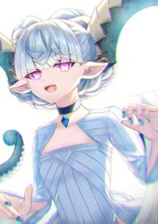  +_+ braid breasts choker crown_braid curled_horns dress fate/grand_order fate/grand_order_arcade fate_(series) female grey_hair horns jewelry larva_tiamat_(fate) larva_tiamat_(first_ascension)_(fate) long_hair long_horns long_sleeves looking_at_viewer nanahi_tsubaki open_mouth pendant pink_eyes pointy_ears ribbed_dress small_breasts solo symbol-shaped_pupils tiamat_(fate) white_dress 