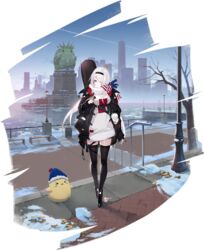  azur_lane bird black_footwear black_jacket black_thighhighs chuzenji coffee colorado_(azur_lane) colorado_(traveling_melody)_(azur_lane) cup female full_body hair_ornament hairband highres holding holding_cup instrument jacket long_hair looking_at_viewer manjuu_(azur_lane) official_alternate_costume official_art one_eye_covered outdoors red_eyes scarf snow standing thighhighs transparent_background white_hair 