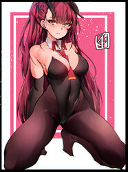  absurdres animal_ears arms_behind_back bare_shoulders between_breasts black_leotard blush breasts chickenvomit cleavage commentary covered_navel detached_collar fake_animal_ears female girls&#039;_frontline hair_ribbon half_updo highres kneeling large_breasts leotard long_hair looking_at_viewer necktie necktie_between_breasts one_side_up pantyhose playboy_bunny purple_hair purple_pantyhose rabbit_ears red_eyes ribbon solo spread_legs strapless strapless_leotard tail very_long_hair wa2000_(girls&#039;_frontline) 