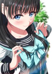  absurdres akebi-chan_no_serafuku akebi_komichi aqua_bow black_hair black_sailor_collar blue_eyes blush bow collarbone female hair_behind_ear highres holding holding_bow_(ornament) long_hair looking_at_viewer nonoa-cg roubai_academy_school_uniform_(old) sailor_collar school_uniform shirt smile solo upper_body white_shirt 