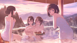  4girls afloat alternate_hairstyle ashigara_(kancolle) ass bare_shoulders bathing black_hair blush braid breasts brown_eyes cleavage collarbone commentary_request completely_nude cup folded_ponytail haguro_(kancolle) hair_bun hand_on_own_chest holding holding_cup kantai_collection key_kun large_breasts leaning_forward looking_at_viewer looking_back mountain mountainous_horizon multiple_girls myoukou_(kancolle) nachi_(kancolle) naked_towel nude onsen partially_submerged pink_sky reflection ripples same-sex_bathing shared_bathing short_hair shoulder_blades single_hair_bun sky soaking_feet standing steam sunlight tokkuri towel tray tree v-shaped_eyebrows water wet_towel 