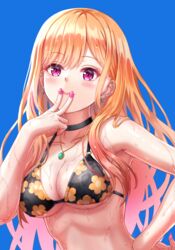  armpits barbell_piercing bikini black_bikini black_choker blonde_hair blue_background blush breasts choker cleavage closed_mouth collarbone commentary ear_piercing earrings female fingers_to_mouth floral_print gyaru hand_on_own_hip highres industrial_piercing jewelry kitagawa_marin lips long_hair medium_breasts multiple_earrings nail_polish necklace nonoa-cg piercing pink_nails print_bikini purple_eyes simple_background solo sono_bisque_doll_wa_koi_wo_suru stud_earrings sweat swimsuit underboob upper_body v very_sweaty wet 