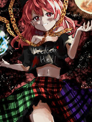  black_shirt chains clothes_writing earth_(ornament) female gold_chain hecatia_lapislazuli highres moon_(ornament) multicolored_clothes navel off-shoulder_shirt off_shoulder plaid plaid_skirt red_hair shirt skirt sutaku77224 t-shirt touhou 