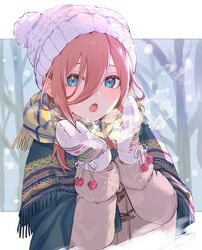  :o aibon blue_eyes blush brown_coat brown_hair coat commentary_request eyebrows_hidden_by_hair female gloves go-toubun_no_hanayome hair_between_eyes hat highres long_hair long_sleeves looking_at_viewer nakano_miku open_mouth outdoors pom_pom_(clothes) scarf shawl solo steam tree upper_body winter winter_clothes winter_gloves 